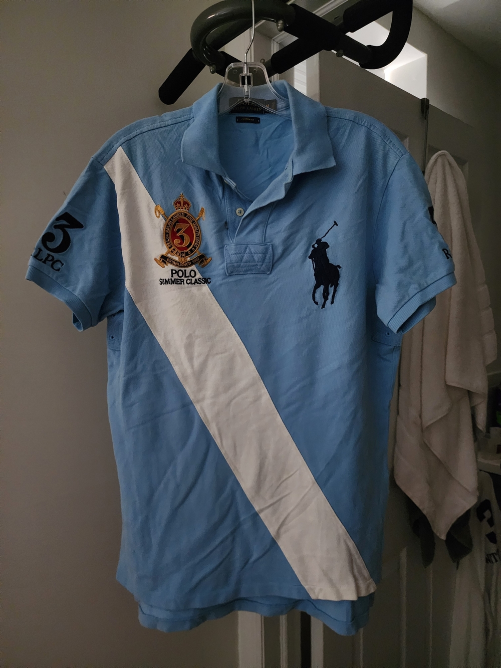 Ralph Lauren Sky Blue Polo with White Diagonal Stripe & Navy Pony